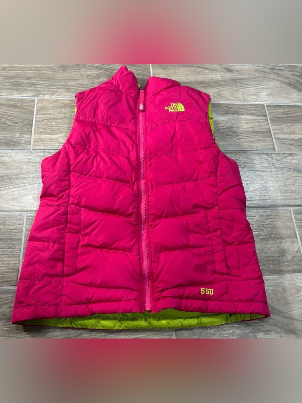 The North Face 550 Down Puffer Vest Girls Reversible Pink Green Neon 14/16 Pink